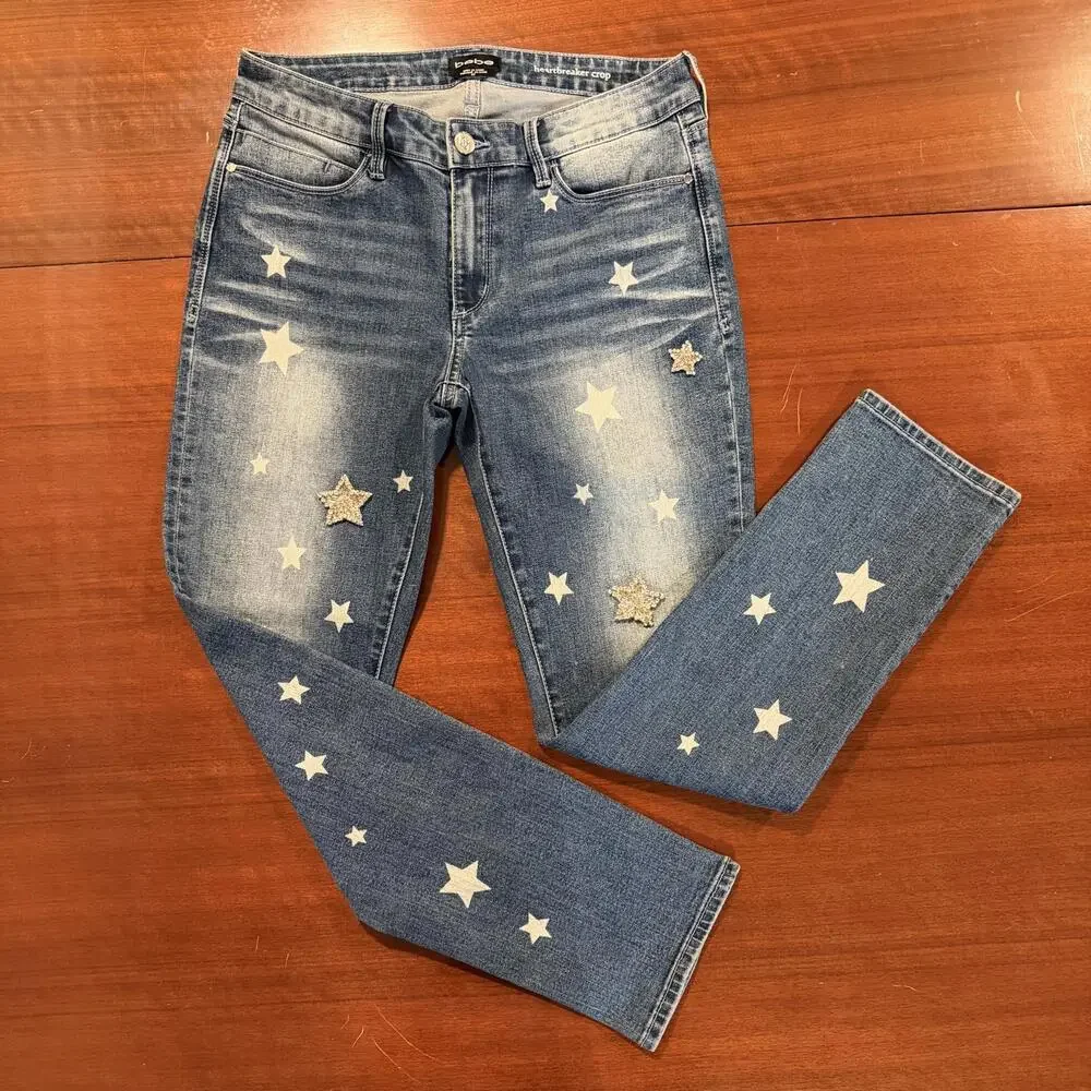 Bebe Heartbreaker Crop Stars Jeans Constellation Wash Embellished Rhinestone 28 - Picture 2 of 16